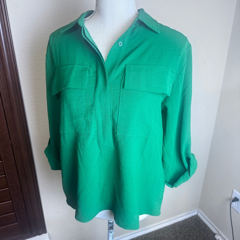 Rafaella Kelly Green Roll Tab Sleeve Popover Blouse Shirt sz S Workwear Utility‎